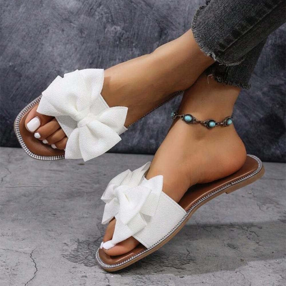 Fashion Women Flats Slippers Summer Fashion Bow Tie Sandals Shoes for Women Flat Square Toe Casual Beach Slippers Slides for Women