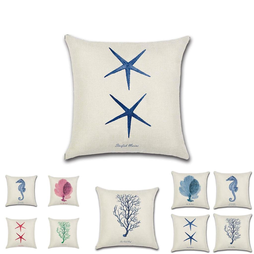 Premium Quality Flax Throw Pillow Case With Marine Organism Patterns For Home Decor