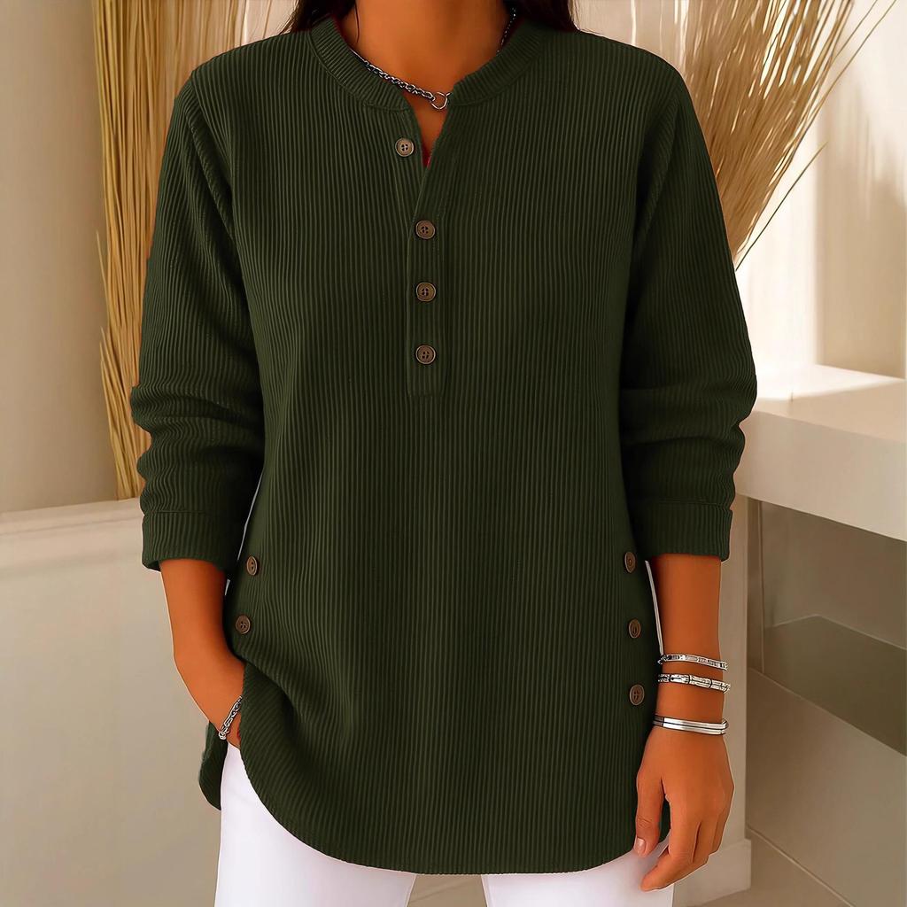 2025 Women's Loose V-Neck Corduroy Long Sleeve Top - Autumn/Winter Solid Color Casual Style