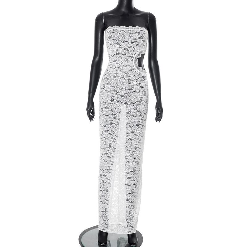 

C25ds026 European and American Women s Clothing Pure Color Sleeveless Open Back Lace Lace Cut Out Silm Long Dress White S