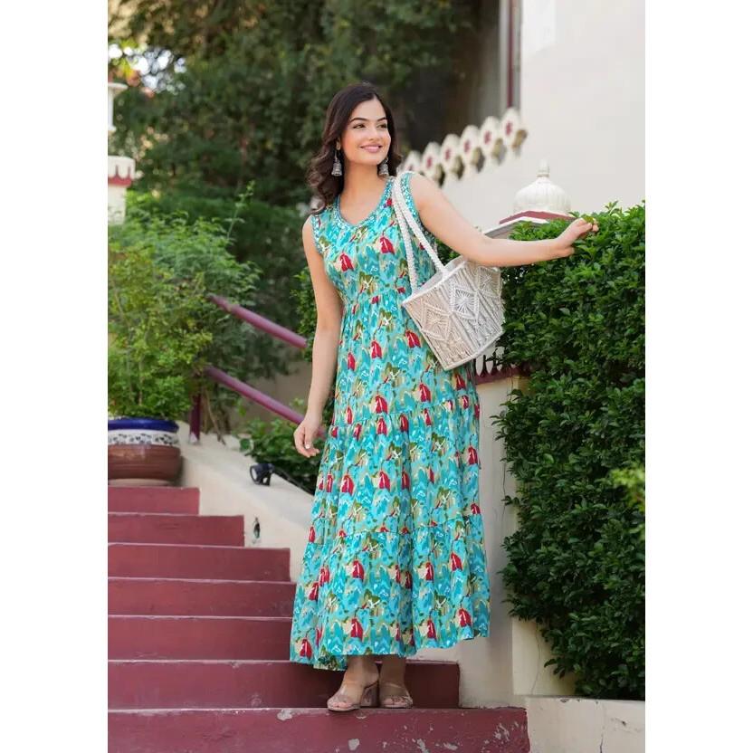 Women Bollywood Anarkali Printed Cotton Rayon Flared Kurta Gown Designer Dress SC-2142