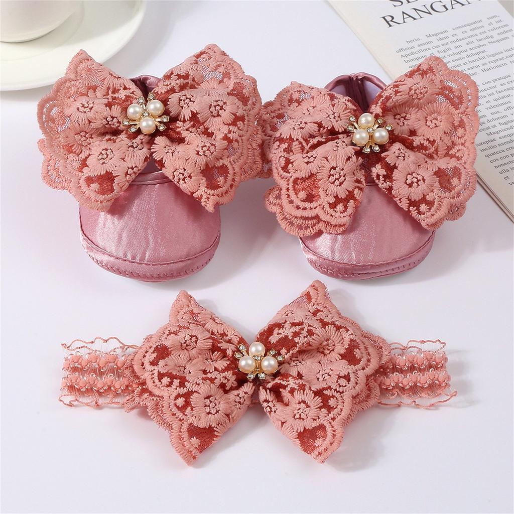 Baby Spitze Perle Schuhe + Haarband Set Baby Kleinkind Schuhe Weiche Sohle Große Schleife Dot Gummi Schuhe