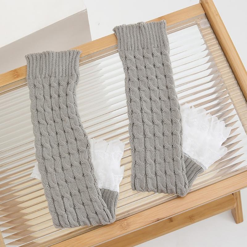 Cable Knit Leg Warmers Knee Length Socks Japanese Women Sweet Layered Ruffled Lace Trim Boot Cuffs Leg Covers Stockings