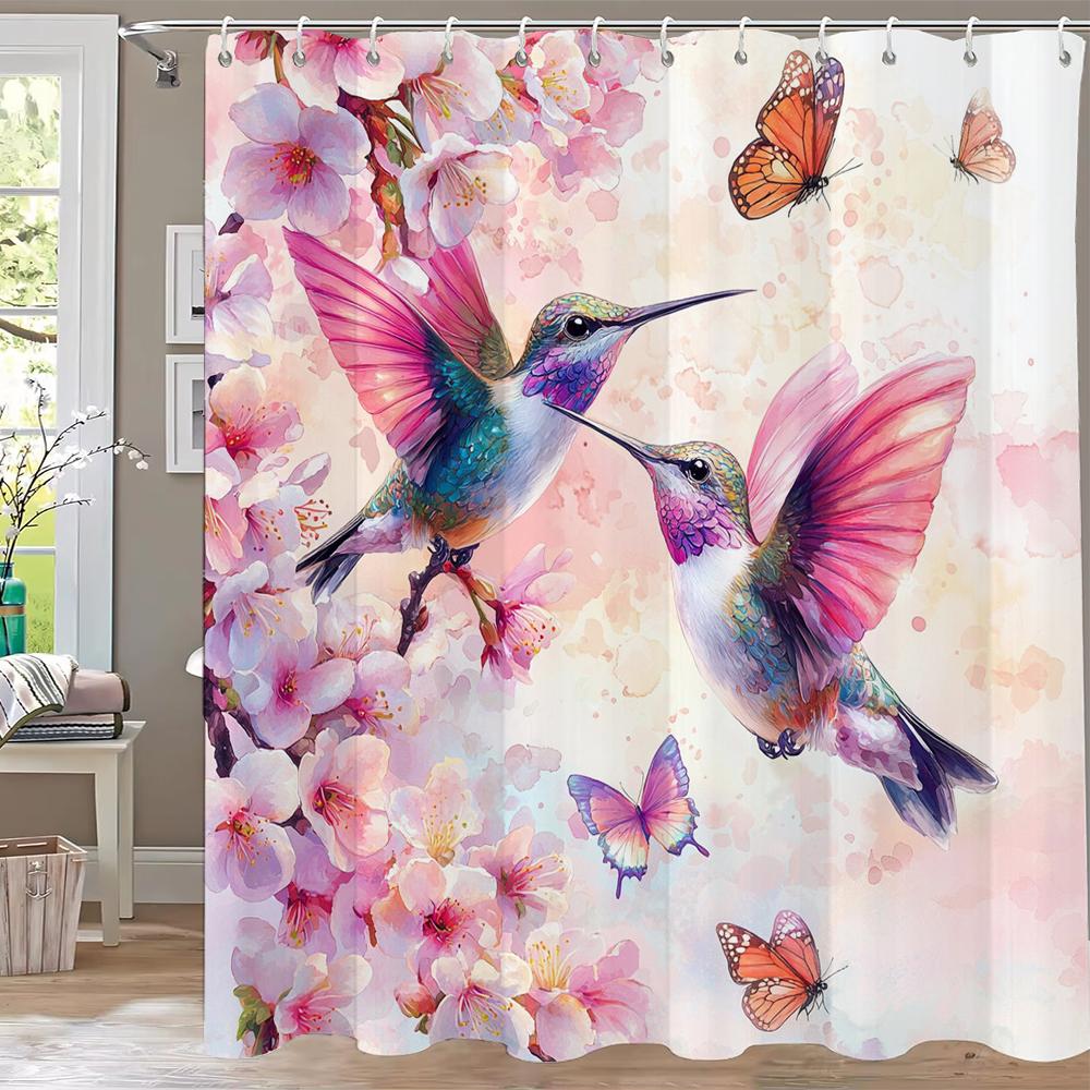 Beautiful Flower And Bird Printed Shower Curtain Partition Privacy Hanging Home Decoration Curtain With Hooks Machine Washable