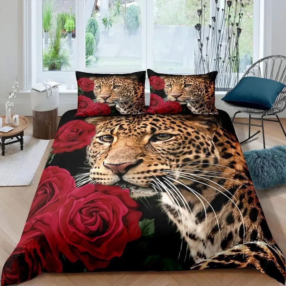 Leopard Comforter Cover King Queen Full Cheetah Bedding Set African Savanna Animal Duvet Cover Rose Flower Polyester Quilt Cover
