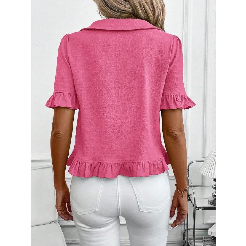 Women S Short Sleeve Blouse Doll Collar Pleated Solid Color Casual Top