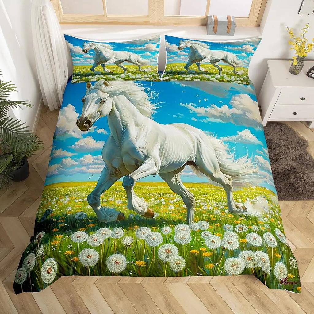 Cherry Blossom Horse Comforter Cover Twin for Kids Boys, Wild Animal Bedding Set Galloping Horse Duvet Cover with 2 Pillowcase