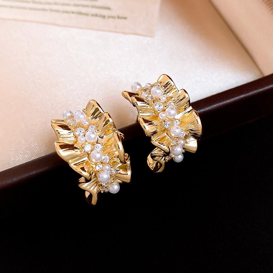 14k real gold electroplated C-shaped zircon pearl stud earrings exquisite and elegant court style earrings earrings women