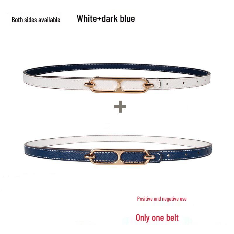 

Двусторонний женский узкий кожаный ремень для летних платьев и костюмов 1.4*105cm темно-синий/белый