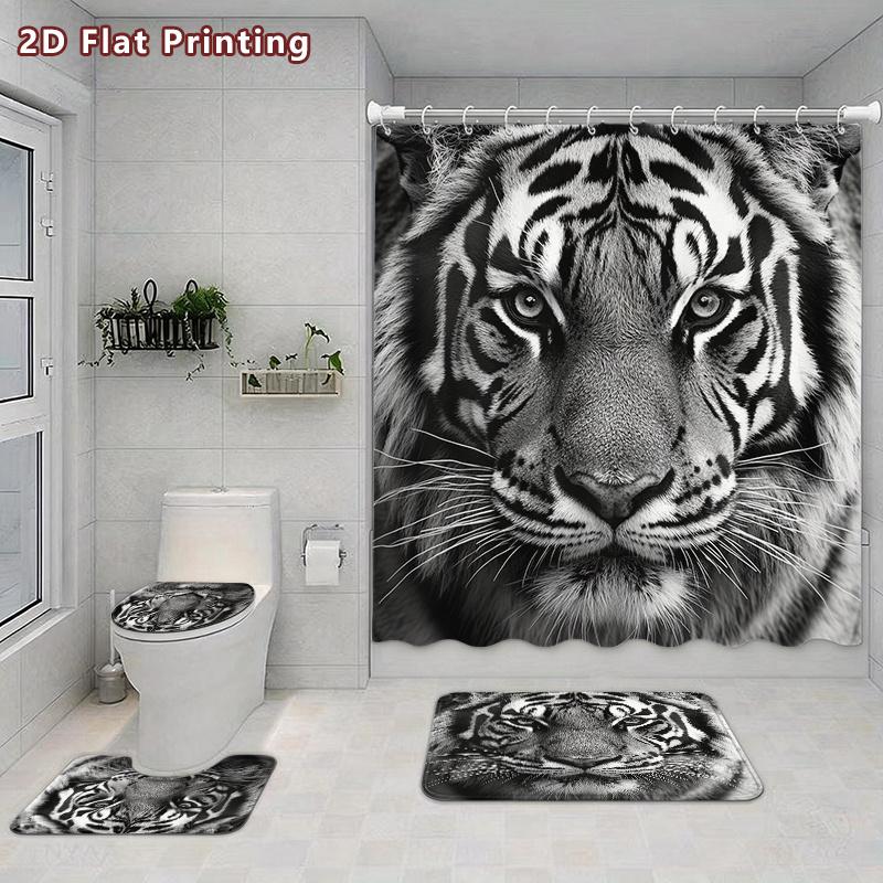 4Pcs Tiger Shower Curtain Set with Non-Slip Bath Mat, Toilet Lid Cover, Contour Rug & 12 Hooks, Bathroom Decor