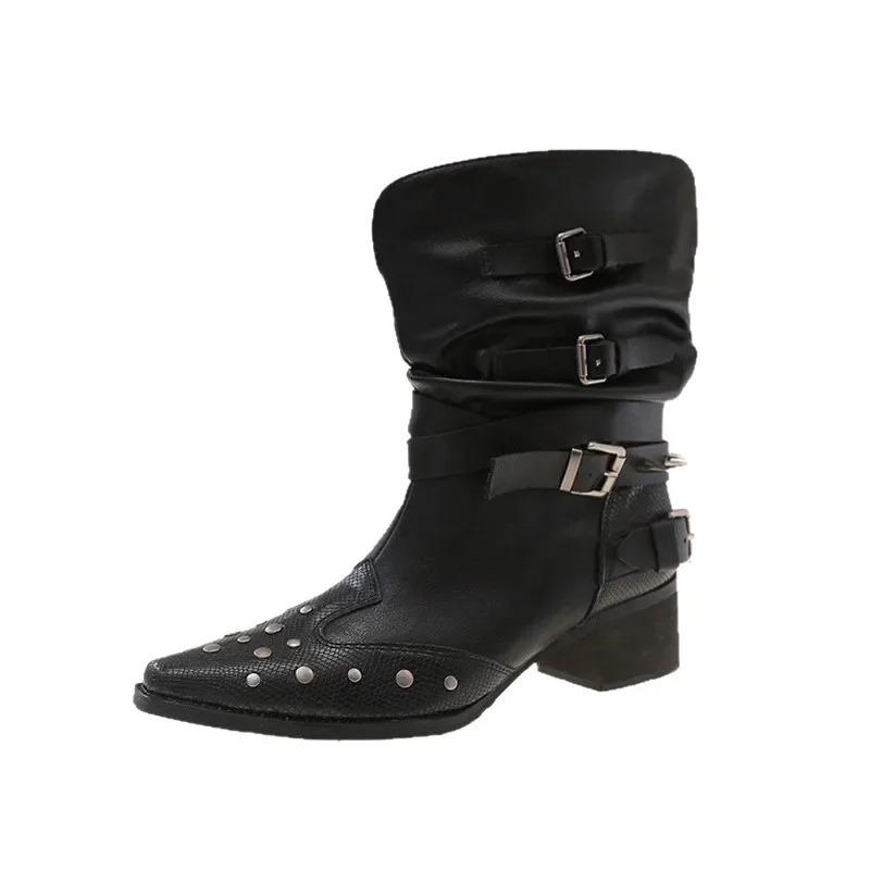 Fashion Western Style Short Boots Fashionable Pointed Toe Flat Mouth Design Slimming Rivet Knight Boots Women's Fashion Long Boots