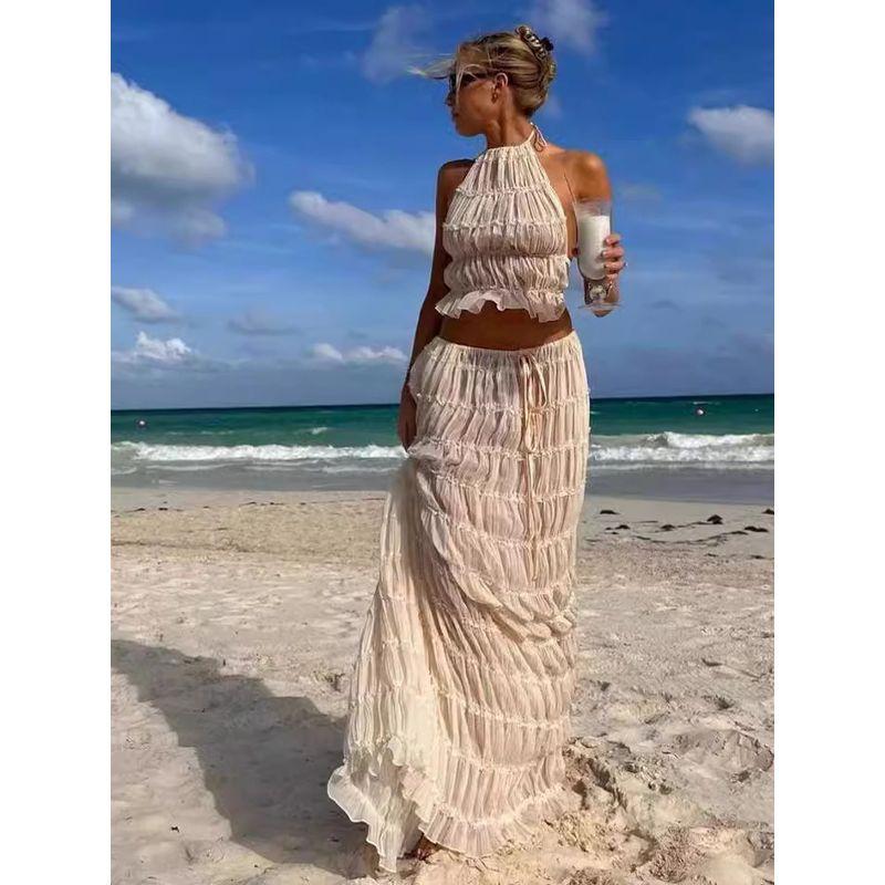 Sexy Neck Hanging Pleated Long Skirt Set Sexy Halter Ruched Long Skirt Suit