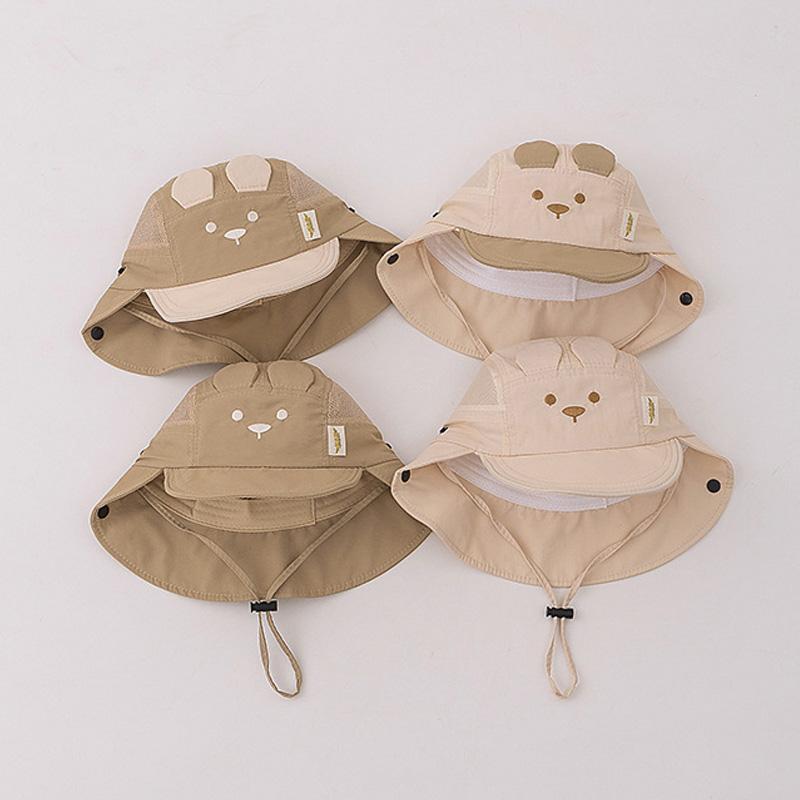 Summer Baby Hat Cartoon Bear Ear Embroidery Quick Dry Fisherman Hats for Boys Girls Neck Protection Kids Hat Breathable