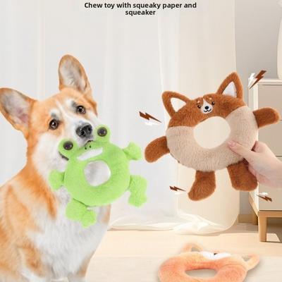 Bite Resistant Dog Squeaking Toy Cartoon Animals Pattern Plush Dog Toys Doughnut Shaped Interactive Dog Toy Stress Relieving