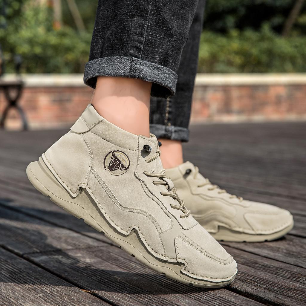 Men's Shoes Split Leather Shoes Lace Up Outdoor Casual Shoes Comfortable Flat Shoes Fashion Sneakers