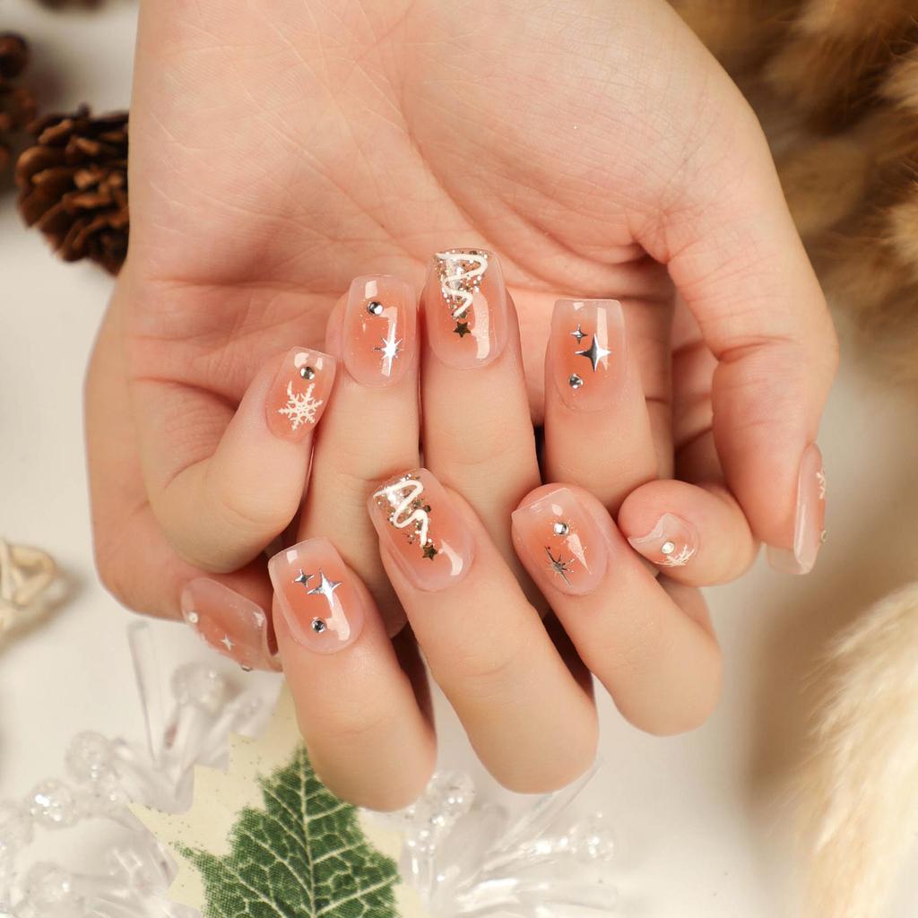 Christmas Snowflake & Star Nail Art: Short Wearable Rhinestone Glitter False Nails with Stickers