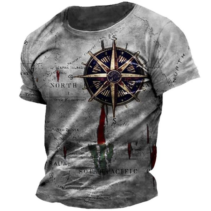 

Men s Vintage Nautical Map Compass Print T-Shir Loose Short Sleeve Male Tops Casual Tees 6XL чорний