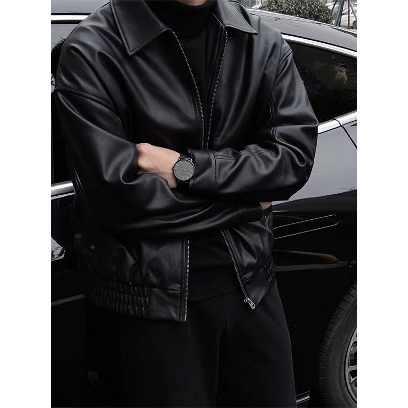 Men's European-Style Black Executive PU Leather Workwear Jacket with Lapel Zipper