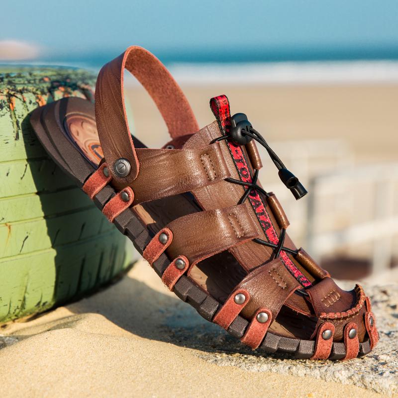 New Trend Mens Casual Slippers Dual-Purpose Leather Sandals for Men Summer Fashion Beach Shoes Male Non-slip Open-toe Half Drag