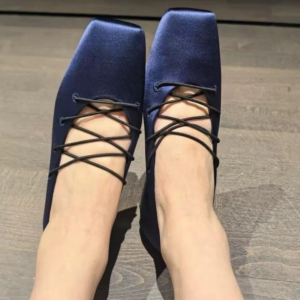 Satin Mary Jane Shoes 2025 Spring and Summer New Square Head Lace-up Ballet Shoes Women's Versatile Flat-bottomed Shallow Mouth Single Shoes
