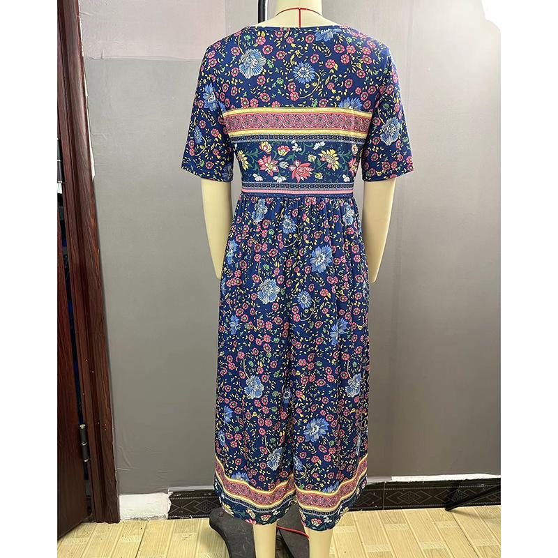 Sommer Böhmisch Bedrucktes Übergröße Damenkleid Mode Rundhals Kurzarm Lässige Lange Kleider Damen Elegant A-Linie Urlaubs Strandkleid 26653