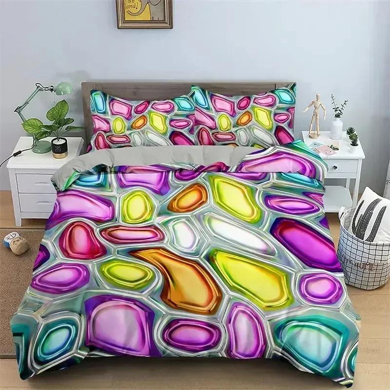 Top Abstract Geometric Duvet Cover Microfiber Queen Bedding Set Boys Kids Room Rainbow Plaid Print Quilt Cover With Pillowcase