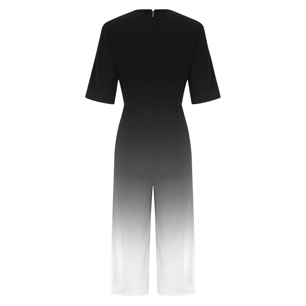 Women's Loose Casual V-Neck Gradient Printed Jumpsuit Slim Fit Wide Leg Jumpsuit