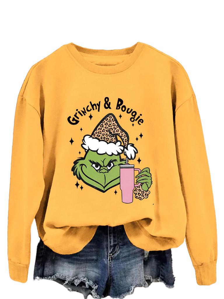 Women's Fashionable Leopard Print Christmas Sweatshirt with Grinchy Hat Design