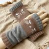 Gants en tricot sans doigts avec broderie de chat et patchwork, Gants décontractés ouverts aux doigts tendance pour femme, Mitaines chaudes d'hiver sans doigts