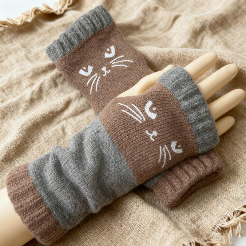 Gants en tricot sans doigts avec broderie de chat et patchwork, Gants décontractés ouverts aux doigts tendance pour femme, Mitaines chaudes d'hiver sans doigts