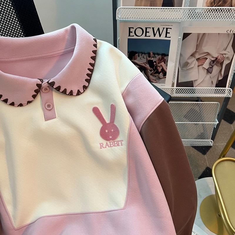 

Женское худи с цветными блоками, вышивкой кролика, лацканом на полупуговицах, оверсайз пуловер, весна-осень, свободный женский модный топ XXXL розовый