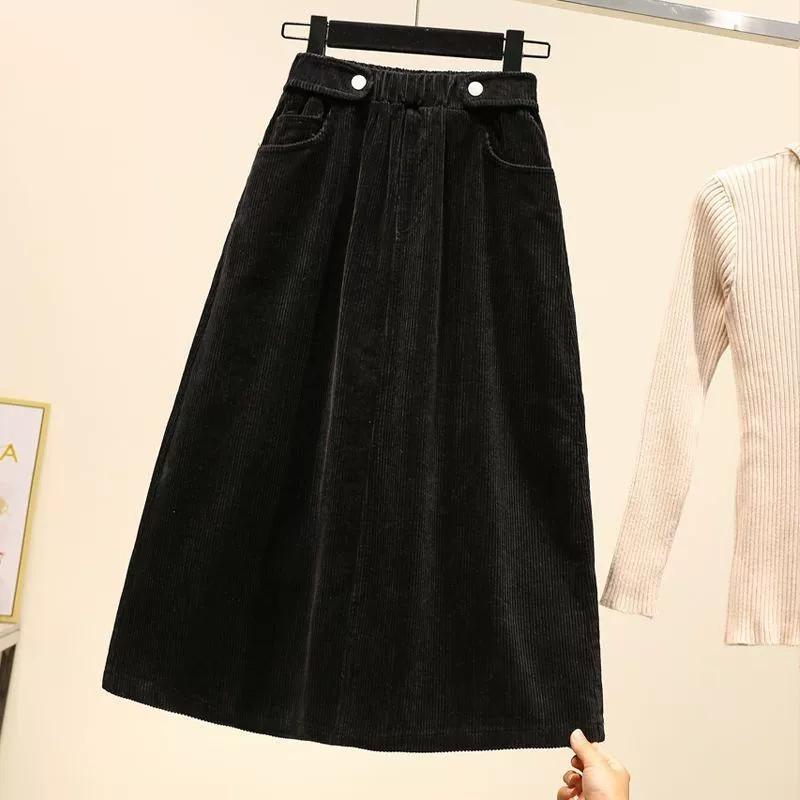 Plus Size Women Skirts Female Autumn Elastic Basic Corduroy High Slit Oversize Fashion Japanese Dress