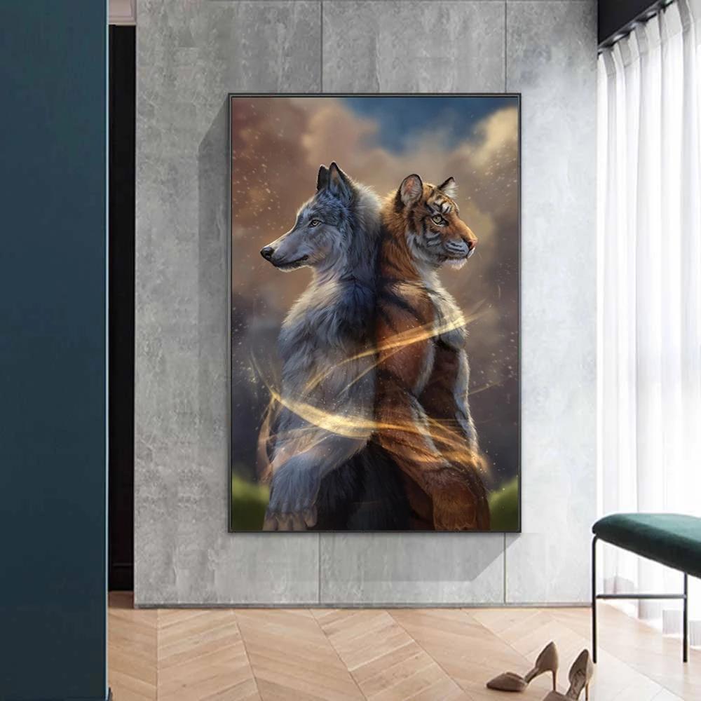 

Животные Тигр и волк, стоящие спиной к спине, холст, живопись, постеры и принты, настенные художественные фотографии, домашний декор для гостиной, без рамки 21*30cm