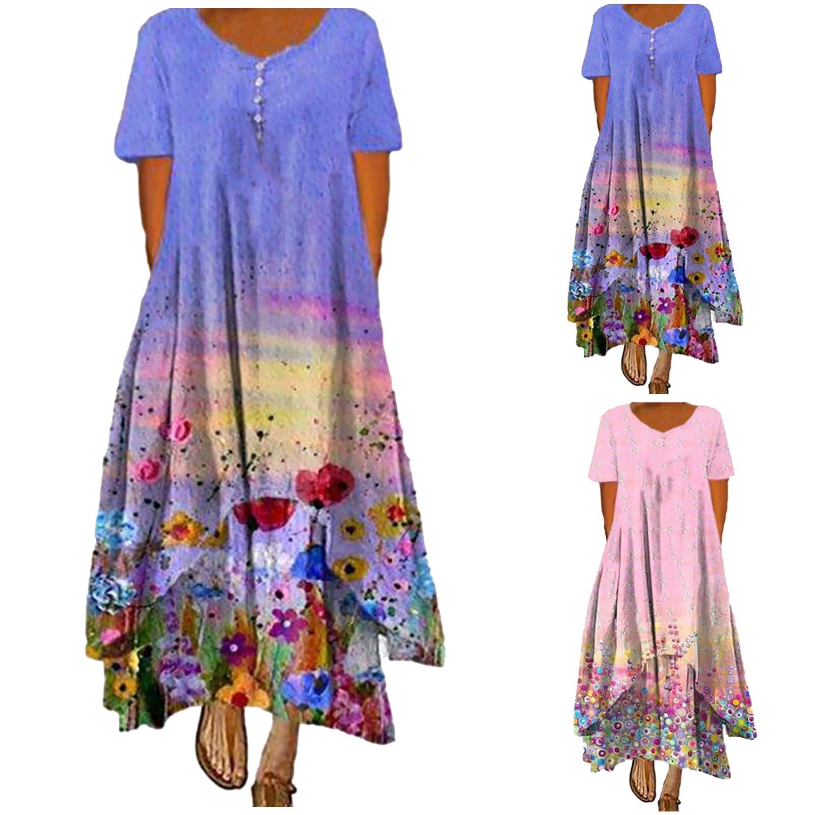 

Women Casual Floral Print Dress Short Sleeve Irregular Loose Long Dress