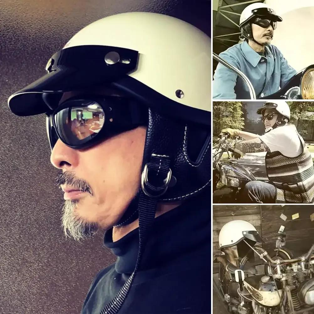 Retro Half Face Motorcycle Helmet 3 Snap-Button Visor Flip Up Wind Shield Vintage Motorbike Helmets Accessories For Men Women
