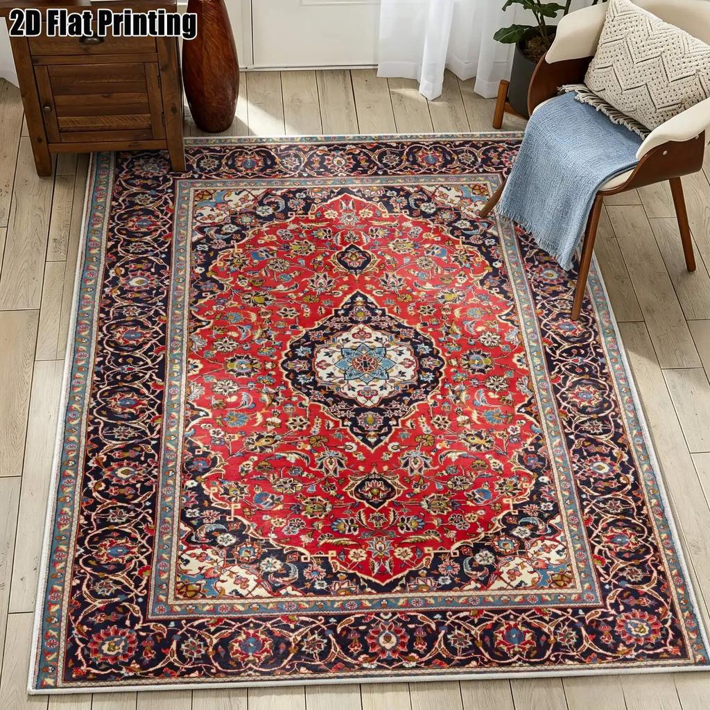 1Pc 2D Printed Velvet Carpet, Red Blue Persian Floral, Vintage Bohemian Geometric, Machine Washable, Multi-Size Home Decor Rug f