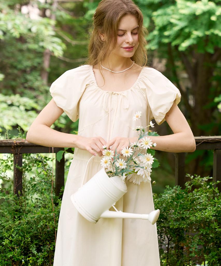Slow Lolly Puff Shirring Long Dress - Beige