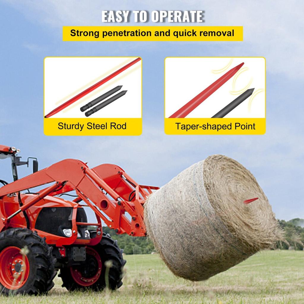 Hay Spear 49\" Bale Spear 3000 Lbs Capacity, Bale Spike Quick Attach Square Hay Bale Spears 1 3/4\" Wide, Red Coated Bale Forks, Bale Hay Spike with 2