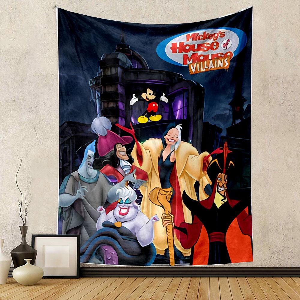 Mickey's House of Villains Tapestry Wall Hanging, Disney Villain Cartoon Art, Funny Wall Decor for Bedroom Living Room Kids Room