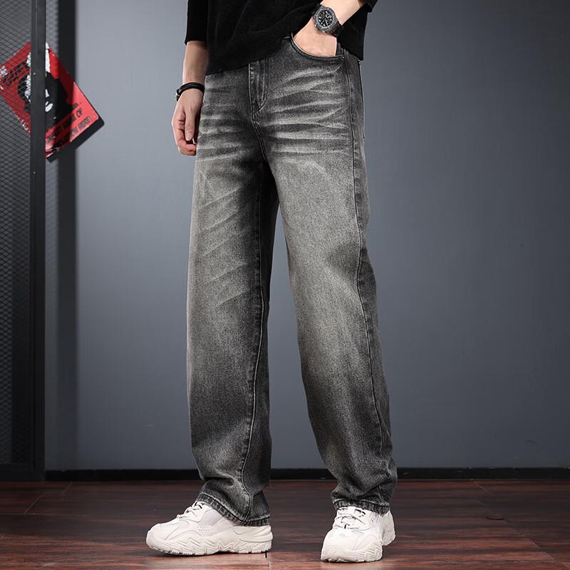 Jie Leinuo Men's American Retro Washed Loose Straight Jeans