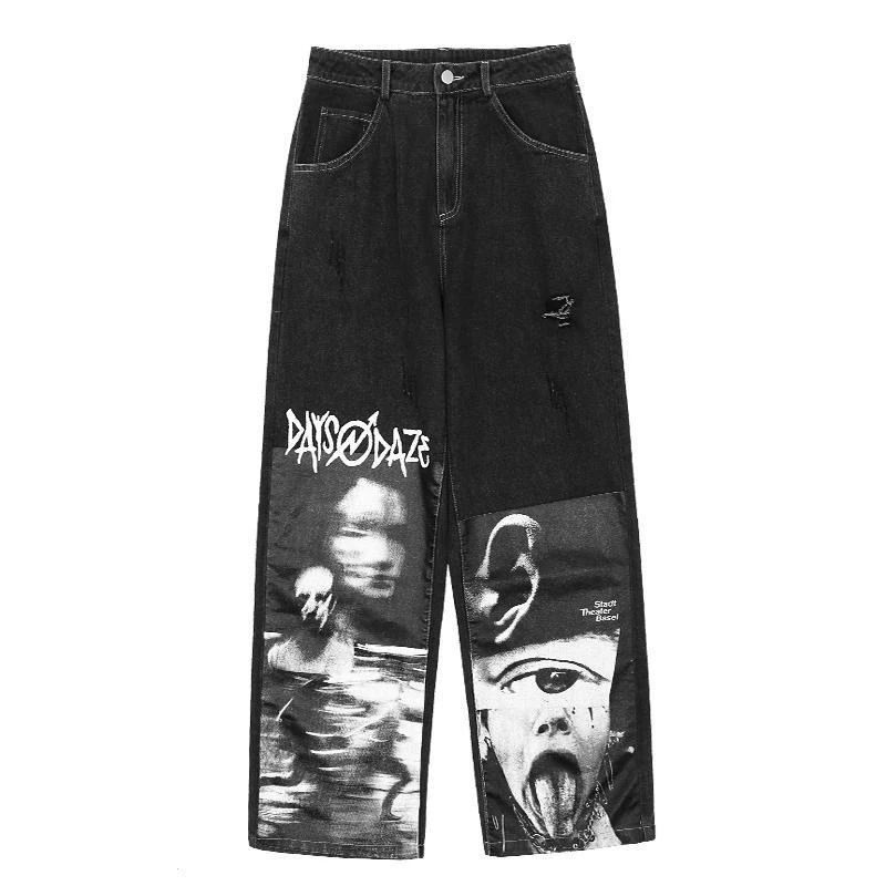 

American High Street Hip-Hop Pants Street Personality Graffiti Jeans Women Spring BF Style High Waist Wide Leg Pants Rock XXL