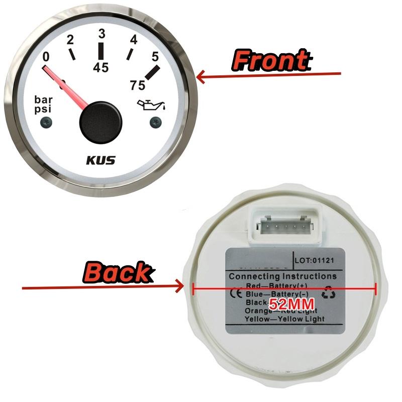 KUS Cars Oil Pressure Gauges 52mm 0-5Bar Show Oil Pressure Meters 10-184ohm Signal Red or Yellow Backlight 0-75Psi