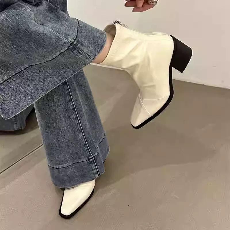 Damen Square Toe Stiefel Knöchel Chunky Mittelhoch Leder Schuhe Winter Frau Neu 2025 Trend Designer Gemütlich Chelsea Botas De Mujer