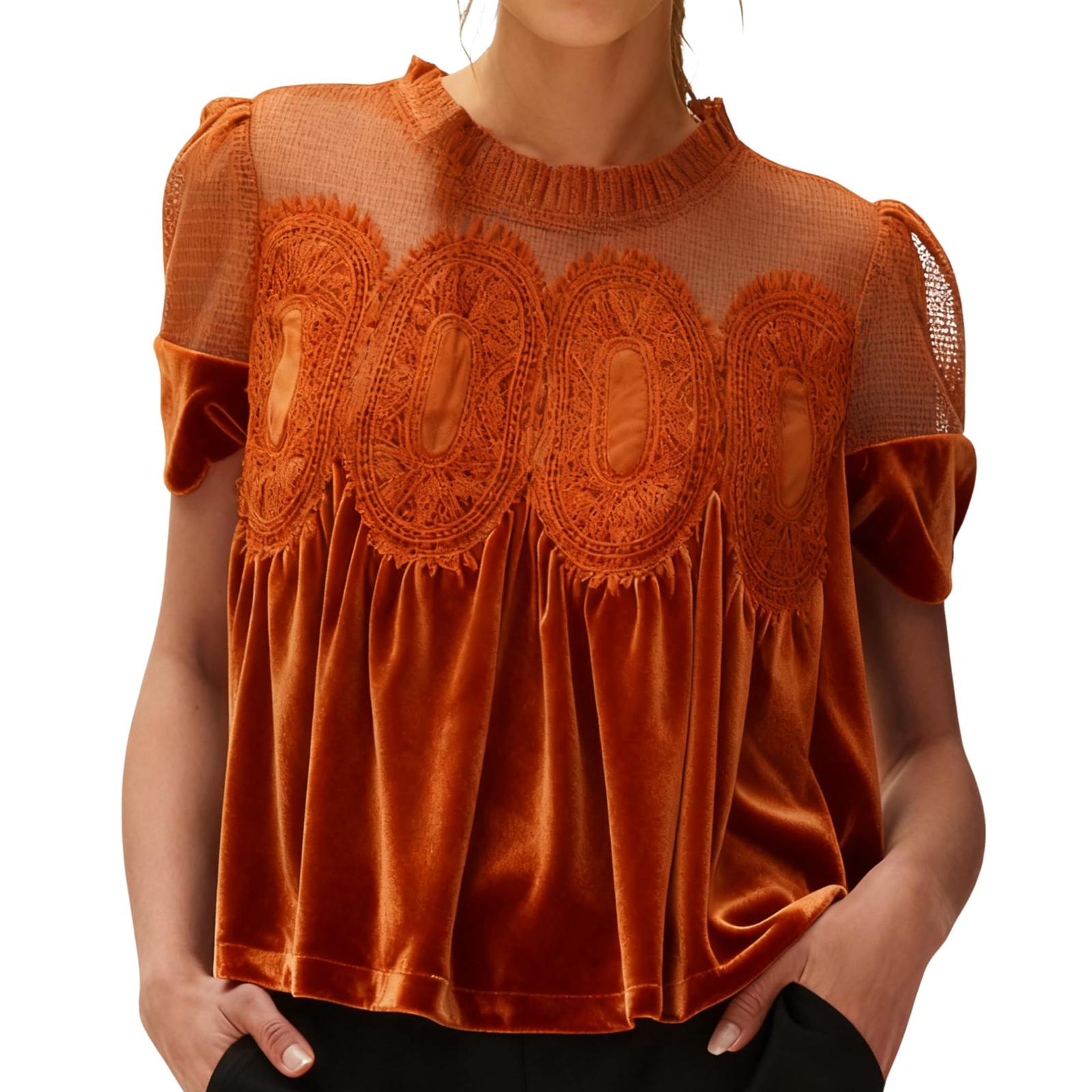 

Women s Solid Color Gold Velvet Short Sleeved Round Neck Top M шафрановий