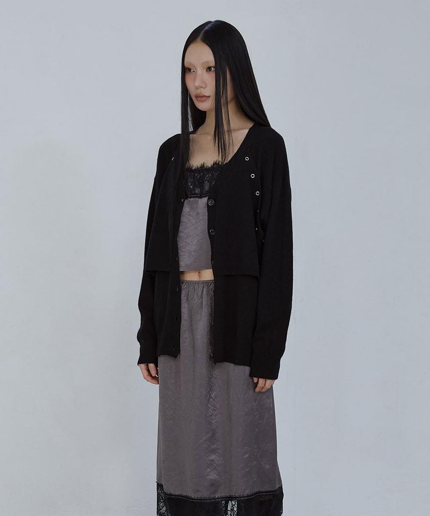 Uusoo Relaxed Eyelet Wool Cardigan_ Black