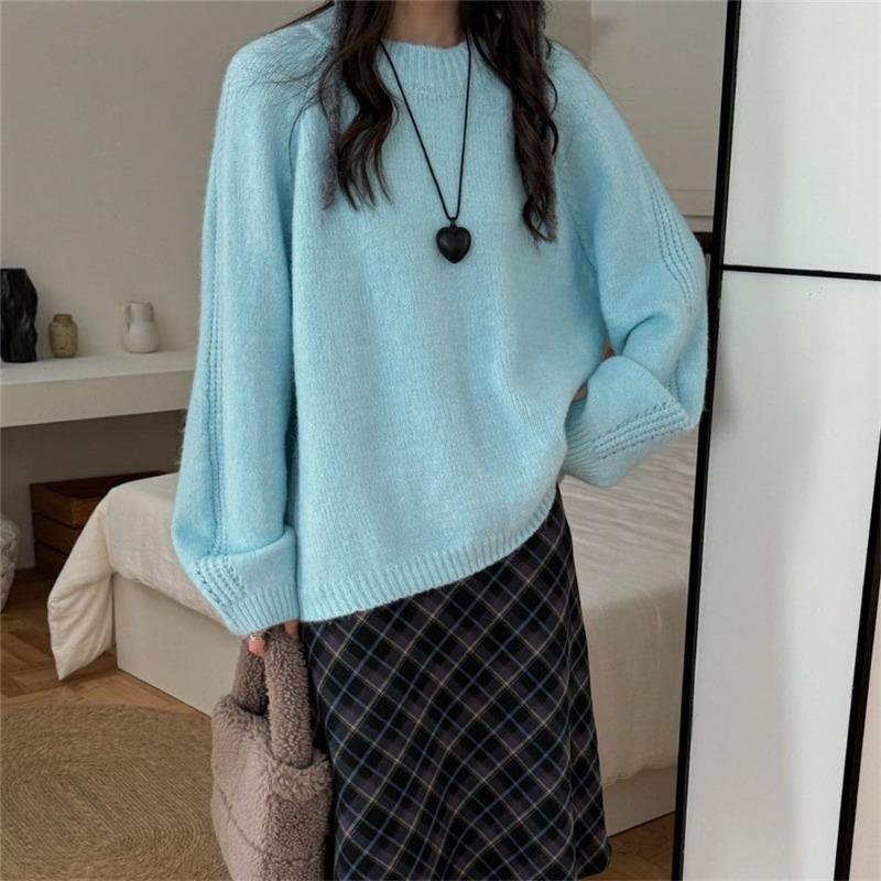 Lazy wind round neck pullover sweater women's autumn and winter new loose and thin soft waxy outer knitted sweater top