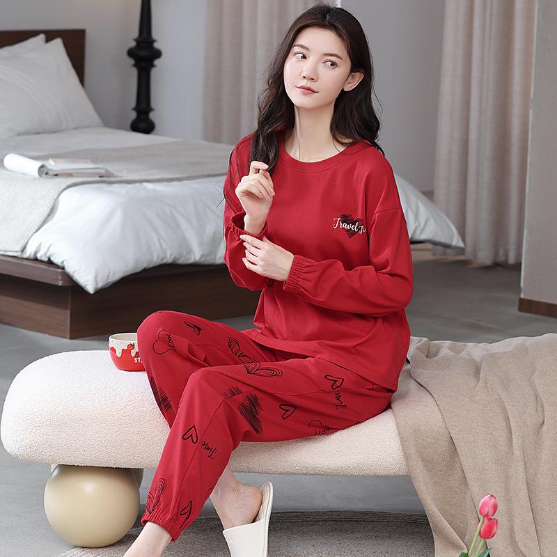 100% Cotton Women's Pajama Set – Breathable, Sweat-Absorbent, Long Sleeve Crew Neck for Indoor & Outdoor Wear (Autumn/Winter)