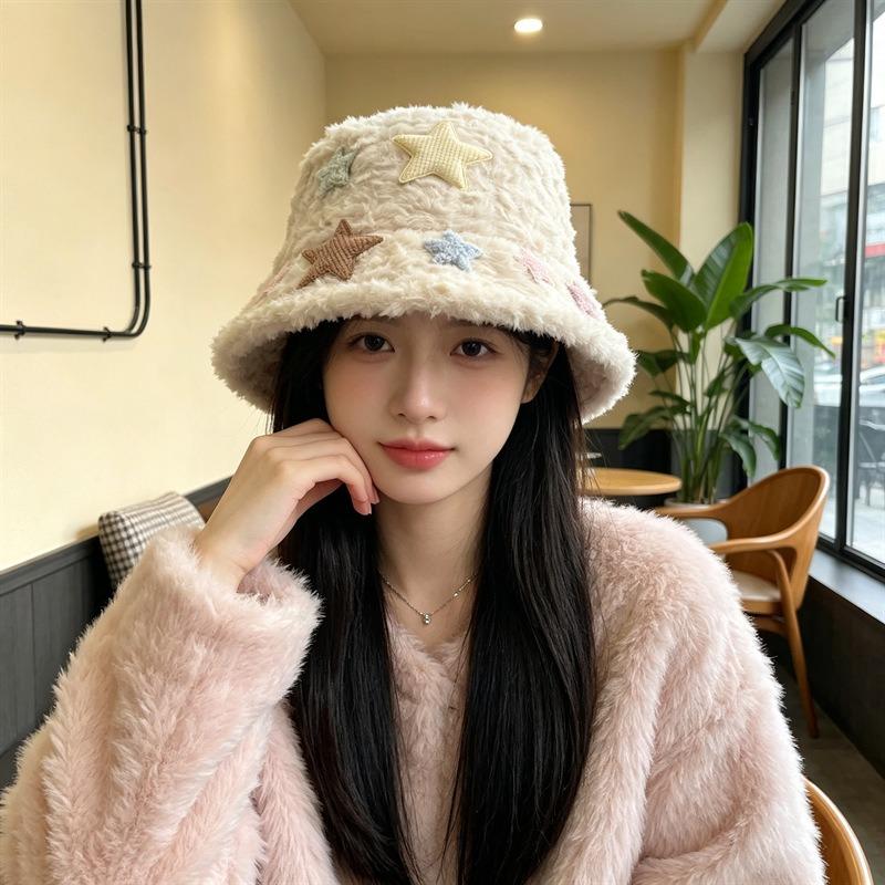 Women S Plush Star Bucket Hat Cute Warm Sun Protection For Autumn Winter