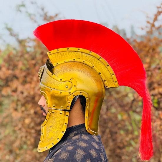 Roman Centurion Helmet Brass Plated Gladiator Helmet with Red Crest Medieval LARP Cosplay Collectible Warrior Costume