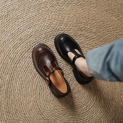 Wiosenne i letnie buty skórzane na grubej podeszwie w stylu brytyjskim z okrągłym noskiem, retro buty Mary Jane w stylu Hepburn, sandały T-strap dla kobiet
